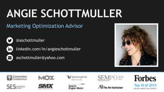 ANGIE SCHOTTMULLER
Marketing Optimization Advisor
@aschottmuller
linkedin.com/in/angieschottmuller
aschottmuller@yahoo.com
 