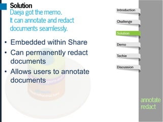 •  Embedded within Share
•  Can permanently redact
   documents
•  Allows users to annotate
   documents
 