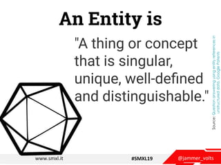 @jammer_voltswww.smxl.it #SMXL19
An Entity is
"A thing or concept
that is singular,
unique, well-deﬁned
and distinguishabl...