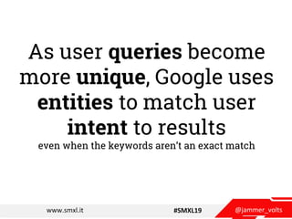 @jammer_voltswww.smxl.it #SMXL19
As user queries become
more unique, Google uses
entities to match user
intent to results
...