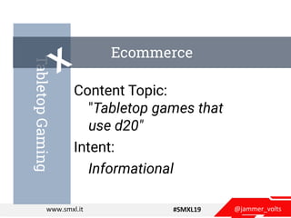 @jammer_voltswww.smxl.it #SMXL19
TabletopGaming
Ecommerce
Content Topic:
"Tabletop games that
use d20"
Intent:
Information...