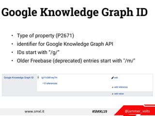 @jammer_voltswww.smxl.it #SMXL19
Google Knowledge Graph ID
• Type of property (P2671)
• identiﬁer for Google Knowledge Gra...