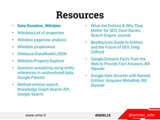 @jammer_voltswww.smxl.it #SMXL19
• Data Donation, Wikidata
• Wikidata:List of properties
• Wikidata pageview analysis
• Wi...
