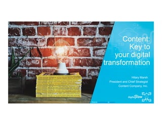 the key to
digital transformation
Content:
Key to
your digital
transformation
Hilary Marsh
President and Chief Strategist
Content Company, Inc.
Photo	byJonathan	SimcoeonUnsplash	
 