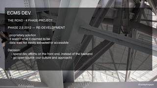 THE ROAD - 4 PHASE PROJECT
PHASE 2.5 2012 — RE-DEVELOPMENT
. proprietary solution
. it wasn’t what it claimed to be
. data...