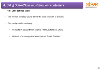 4. Using DotNetNuke most frequent containers 4.5. User defined table This module will allow you to define the table you wish to present. This can be useful to display: Contacts of a department (Name, Phone, Extension, Email) Persons of a managment board (Name, Email, Position) 
