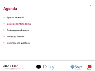 Agenda Apache Jackrabbit Basic content modeling References and search Advanced features Summary and questions 