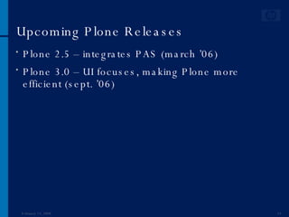 Upcoming Plone Releases Plone 2.5 – integrates PAS (march ’06) Plone 3.0 – UI focuses, making Plone more efficient (sept. ’06) June 1, 2009 