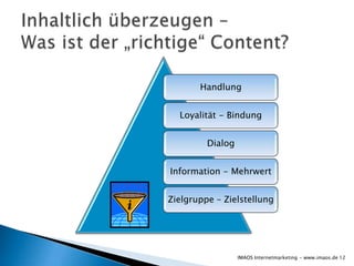 Handlung


  Loyalität - Bindung


         Dialog


Information - Mehrwert


Zielgruppe – Zielstellung




                  IMAOS Internetmarketing - www.imaos.de 12
 