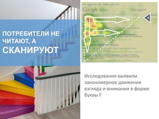 ПОТРЕБИТЕЛИ НЕ
ЧИТАЮТ, А
СКАНИРУЮТ
Исследования выявили
закономерное движение
взгляда и внимания в форме
буквы F
 