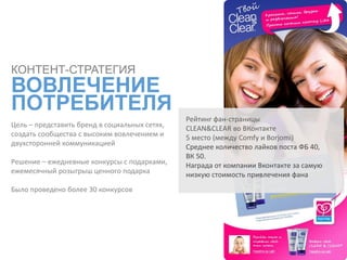 Цель – представить бренд в социальных сетях,
создать сообщества с высоким вовлечением и
двухсторонней коммуникацией
Решение – ежедневные конкурсы с подарками,
ежемесячный розыгрыш ценного подарка
Было проведено более 30 конкурсов
КОНТЕНТ-СТРАТЕГИЯ
ВОВЛЕЧЕНИЕ
ПОТРЕБИТЕЛЯ
Рейтинг фан-страницы
CLEAN&CLEAR во ВКонтакте
5 место (между Comfy и Borjomi)
Среднее количество лайков поста ФБ 40,
ВК 50.
Награда от компании Вконтакте за самую
низкую стоимость привлечения фана
 