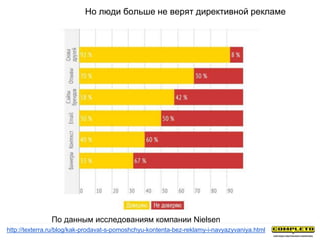 По данным исследованиям компании Nielsen
http://texterra.ru/blog/kak-prodavat-s-pomoshchyu-kontenta-bez-reklamy-i-navyazyvaniya.html
Но люди больше не верят директивной рекламе
 
