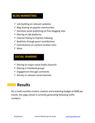 ©UpReports Content Marketing Case Study www.upreports.com
 Link building on relevant websites
 Blog sharing on popular communities
 Summary posts publishing on free blogging sites
 Sharing on QA platforms
 Internal linking to improve indexing
 Backlinks through guest contributions
 Contributions on content curation sites
 More
 Sharing on major social media channels
 Sharing in Facebook groups
 Engagement through comments
 Activity in relevant social channels
Results
On a small monthly content creation and marketing budget of $600 per
month, the yoga school is currently generating following traffic
numbers:
BLOG MARKETING
SOCIAL SHARING
 