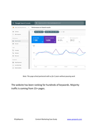 ©UpReports Content Marketing Case Study www.upreports.com
Note: The yoga school partnered with us for 2 years without pausing work
The website has been ranking for hundreds of keywords. Majority
traffic is coming from 15+ pages.
 