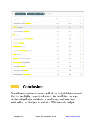 ©UpReports Content Marketing Case Study www.upreports.com
Conclusion
Team Upreports achieved success with all the project deliverables and
that too in a highly competitive industry. We established the yoga
studio on top Google searches at a small budget and have been
retained for the third year as well with 25% increase in budget.
 