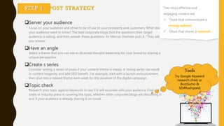 STEP 1 POST STRATEGY
Server your audience
Focus on your audience and strive to be of use to your prospects and customers....