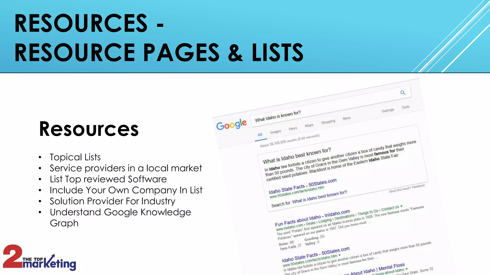 RESOURCES -
RESOURCE PAGES & LISTS
Resources
• Topical Lists
• Service providers in a local market
• List Top reviewed Software
• Include Your Own Company In List
• Solution Provider For Industry
• Understand Google Knowledge
Graph
 