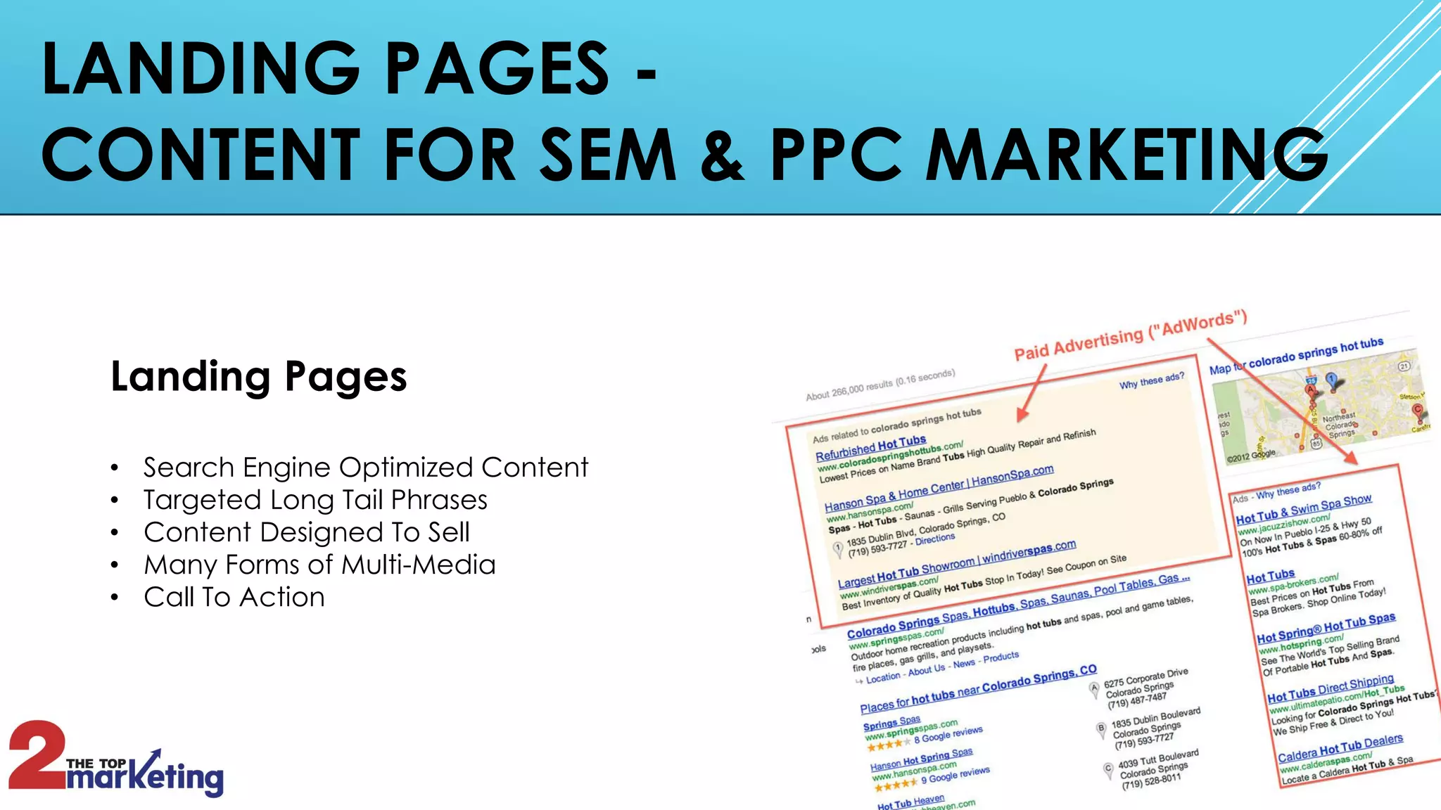 LANDING PAGES -
CONTENT FOR SEM & PPC MARKETING
Landing Pages
• Search Engine Optimized Content
• Targeted Long Tail Phrases
• Content Designed To Sell
• Many Forms of Multi-Media
• Call To Action
 