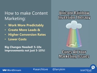 How to make Content
Marketing:
• Work More Predictably
• Create More Leads &
• Higher Conversion Rates
• Lower Costs
Big Changes Needed! 5-10x
improvements not just 5-10%!
#searchlove @larrykim
 