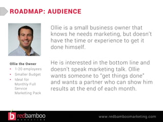 www.redbamboomarketing.com 
ROADMAP: AUDIENCE 
Ollie is a small business owner that 
knows he needs marketing, but doesn’t 
have the time or experience to get it 
done himself. 
He is interested in the bottom line and 
doesn’t speak marketing talk. Ollie 
wants someone to “get things done” 
and wants a partner who can show him 
results at the end of each month. 
Oscar the Owner 
• 1-20 employees 
• Smaller Budget 
• Ideal for 
Monthly Full 
Service 
Marketing Pack 
 