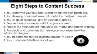 Content Marketing Take Aways 
Make all of your content: 
• Relevant—your content needs to be managed throughout its entire...