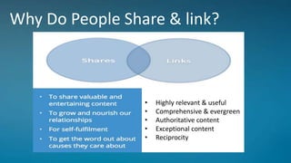 Why Do People Share & link?
• Highly relevant & useful
• Comprehensive & evergreen
• Authoritative content
• Exceptional content
• Reciprocity
 