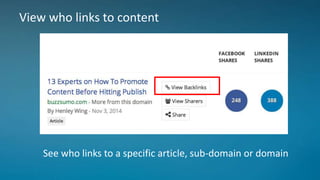 View who links to content
See who links to a specific article, sub-domain or domain
 