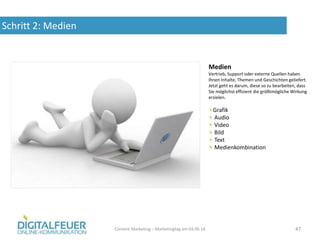 Schritt 2: Medien
Content Marketing – Marketingtag am 04.06.14 47
Medien
Vertrieb, Support oder externe Quellen haben
Ihnen Inhalte, Themen und Geschichten geliefert.
Jetzt geht es darum, diese so zu bearbeiten, dass
Sie möglichst effizient die größtmögliche Wirkung
erzielen.
Grafik
Audio
Video
Bild
Text
Medienkombination
 