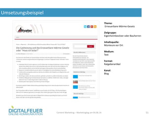 Umsetzungsbeispiel
Content Marketing – Marketingtag am 04.06.14 51
Thema:
Erneuerbare-Wärme-Gesetz
Zielgruppe:
Eigenheimbesitzer oder Bauherren
Inhaltsquelle:
Monteure vor Ort
Medium:
Text
Format:
Ratgeberartikel
Kanal:
Blog
 