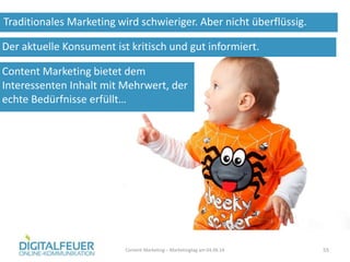 Traditionales Marketing wird schwieriger. Aber nicht überflüssig.
Content Marketing – Marketingtag am 04.06.14 55
Der aktuelle Konsument ist kritisch und gut informiert.
Content Marketing bietet dem
Interessenten Inhalt mit Mehrwert, der
echte Bedürfnisse erfüllt…
 