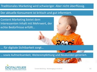 Traditionales Marketing wird schwieriger. Aber nicht überflüssig.
Content Marketing – Marketingtag am 04.06.14 57
Der aktuelle Konsument ist kritisch und gut informiert.
Content Marketing bietet dem
Interessenten Inhalt mit Mehrwert, der
echte Bedürfnisse erfüllt…
... für digitale Sichtbarkeit sorgt…
… sowie Aufmerksamkeit, Weiterempfehlung und Neukunden generiert.
 