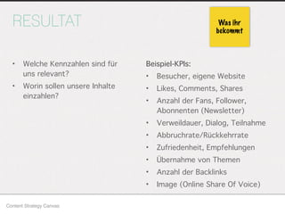 Beispiel-KPIs:
• Besucher, eigene Website
• Likes, Comments, Shares
• Anzahl der Fans, Follower,
Abonnenten (Newsletter)
• Verweildauer, Dialog, Teilnahme
• Abbruchrate/Rückkehrrate
• Zufriedenheit, Empfehlungen
• Übernahme von Themen
• Anzahl der Backlinks
• Image (Online Share Of Voice)
RESULTAT
• Welche Kennzahlen sind für
uns relevant?
• Worin sollen unsere Inhalte
einzahlen?
Content Strategy Canvas
Was ihr
bekommt
 