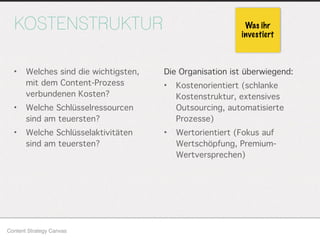 Die Organisation ist überwiegend:
• Kostenorientiert (schlanke
Kostenstruktur, extensives
Outsourcing, automatisierte
Prozesse)
• Wertorientiert (Fokus auf
Wertschöpfung, Premium-
Wertversprechen)
KOSTENSTRUKTUR
• Welches sind die wichtigsten,
mit dem Content-Prozess
verbundenen Kosten?
• Welche Schlüsselressourcen
sind am teuersten?
• Welche Schlüsselaktivitäten
sind am teuersten?
Content Strategy Canvas
Was ihr
investiert
 