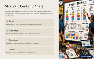 Strategic Content Pillars
Select 3–5 core themes that align directly with your business goals. Content
pillars establish topical authority, improve SEO rankings, and create a cohesive
brand narrative.
🔒Security
Best practices, threat guides, and compliance frameworks
⚙️Engineering
Productivity tools, workflows, and technical deep-dives
📋Compliance
Regulatory guides, checklists, and industry standards
📈Growth
Strategy, scaling, and performance optimisation
 