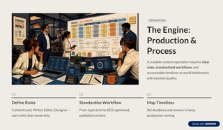 OPERATIONS
The Engine:
Production &
Process
A scalable content operation requires clear
roles, standardised workflows, and
accountable timelines to avoid bottlenecks
and maintain quality.
01
Define Roles
Content Lead, Writer, Editor, Designer —
each with clear ownership
02
Standardise Workflow
From topic brief to SEO-optimised,
published content
03
Map Timelines
Set deadlines and owners to keep
production moving
 