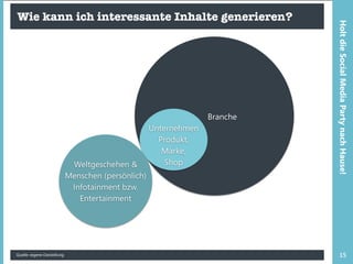 Wie kann ich interessante Inhalte generieren?
Quelle: eigene Darstellung 15
HoltdieSocialMediaPartynachHause!
Branche
Unternehmen
Produkt,
Marke,
ShopWeltgeschehen &
Menschen (persönlich)
Infotainment bzw.
Entertainment
 