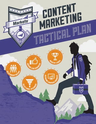 There are a lot of moving parts to creating the perfect
content marketing plan. You have to consider staffing,
persona development, content themes, and more.
So how do you put it all together?
This plan includes strategic objectives used to accomplish the following content
marketing goals:
1.	 Increase inbound leads to your website
at a low cost
2.	 Be seen as a thought leader in your industry
through education and engagement
3.	 Build relationships and excite influencers
4.	 Move leads through your sales funnel with
relevant content applicable to their buying stages
5.	 Enhance outbound campaign
program effectiveness
Content Marketing Tactical Plan 1
01 How to UseThis Plan
TACTICAL PLAN
IN
DUSTRY LEADE
R
INBOU
ND LEAD GENE
RATOR
OUTBOUND
CAMPAIGN E
NHANCER
CONTENT
MARKETINGSALES
FUNNEL AFICI
ONADO
REL
ATIONSHIP BUIL
DER
 