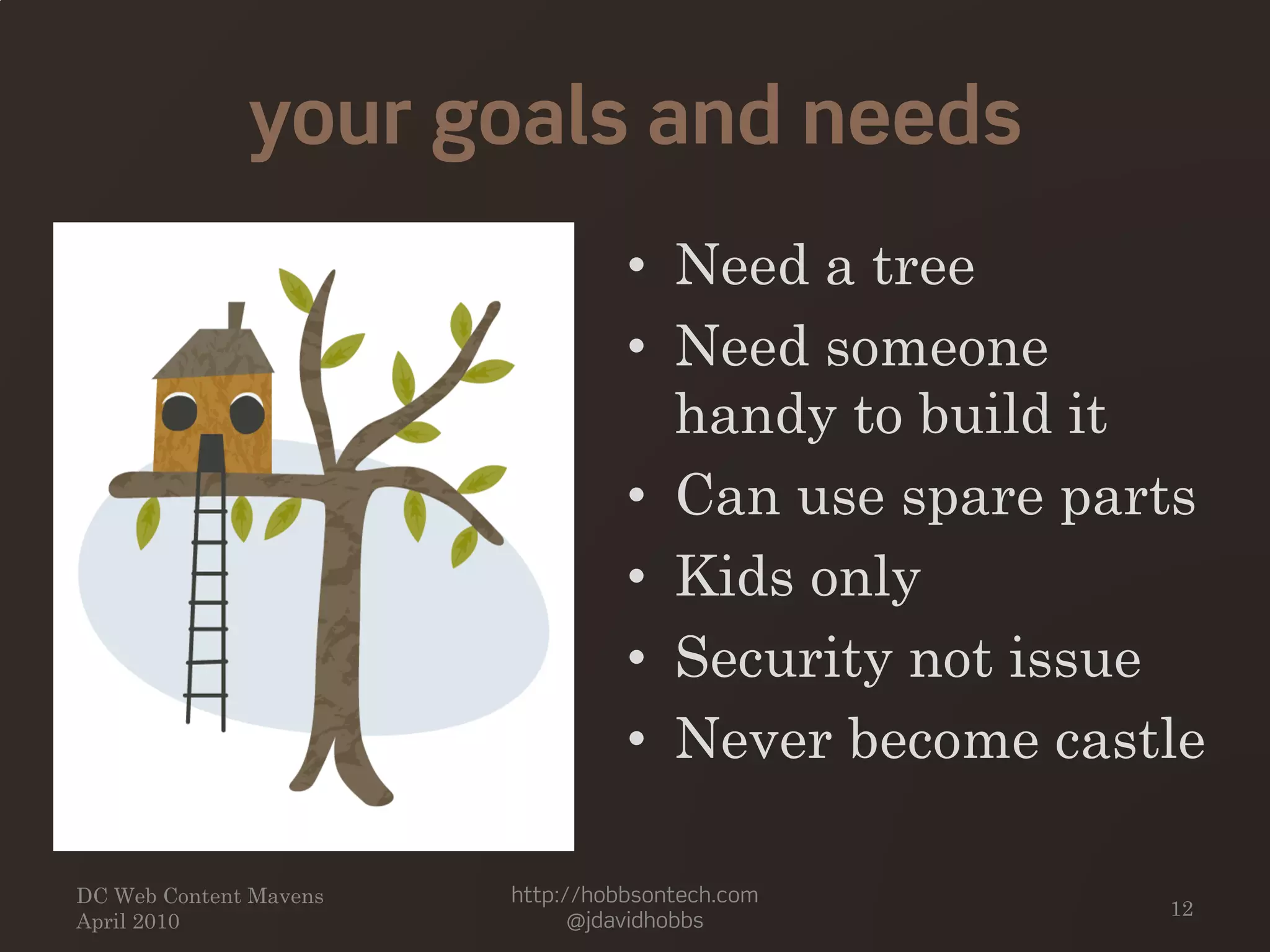 your goals and needs
DC Web Content Mavens
April 2010
http://hobbsontech.com
@jdavidhobbs
12
• Need a tree
• Need someone
handy to build it
• Can use spare parts
• Kids only
• Security not issue
• Never become castle
 