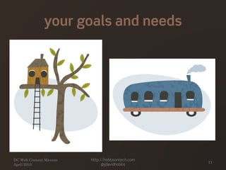 your goals and needs
DC Web Content Mavens
April 2010
http://hobbsontech.com
@jdavidhobbs
11
 