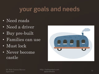your goals and needs
DC Web Content Mavens
April 2010
http://hobbsontech.com
@jdavidhobbs
13
• Need roads
• Need a driver
• Buy pre-built
• Families can use
• Must lock
• Never become
castle
 