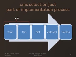 cms selection just
part of implementation process
Vision Plan Pilot Implement Maintain
DC Web Content Mavens
April 2010
this slide: http://bit.ly/9YqLw1
@jdavidhobbs
17
here
 