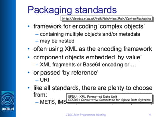 Packaging standards <ul><li>framework for encoding ‘complex objects’ </li></ul><ul><ul><li>containing multiple objects and...