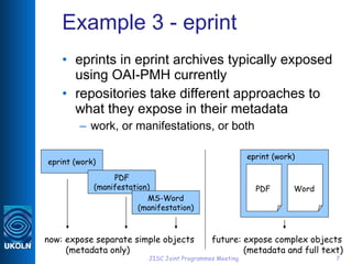 Example 3 - eprint <ul><li>eprints in eprint archives typically exposed using OAI-PMH currently </li></ul><ul><li>reposito...