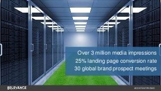 Over 3 million media impressions 
25% landing page conversion rate 
30 global brand prospect meetings 
#CONTENTPROMO 
 
