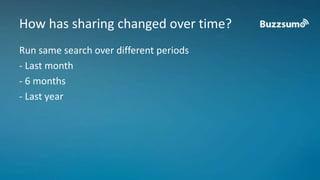 How has sharing changed over time? 
Run same search over different periods 
- Last month 
- 6 months 
- Last year 
 
