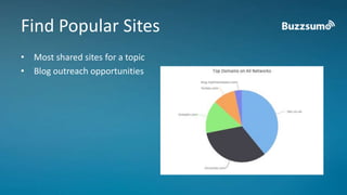 Find Popular Sites 
• Most shared sites for a topic 
• Blog outreach opportunities 
 