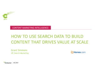 CONTENT	MARKETING	INTELLIGENCE
#C3NY
HOW	TO	USE	SEARCH	DATA	TO	BUILD	
CONTENT	THAT	DRIVES	VALUE	AT	SCALE
VP, Search Marketing
Grant Simmons
 