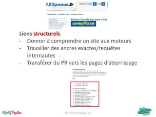 #ContentStrategyTlse
Liens structurels
- Donner à comprendre un site aux moteurs
- Travailler des ancres exactes/requêtes
internautes
- Transférer du PR vers les pages d’atterrissage
 