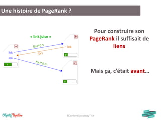 #ContentStrategyTlse
Une histoire de PageRank ?
Pour construire son
PageRank il suffisait de
liens
Mais ça, c’était avant…
« link juice »
 