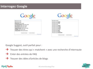#ContentStrategyTlse
Interrogez Google
Google Suggest, outil parfait pour :
 Trouver des titres qui « matchent » avec une recherche d’internaute
 Créer des entrées de FAQ
 Trouver des idées d’articles de blogs
 